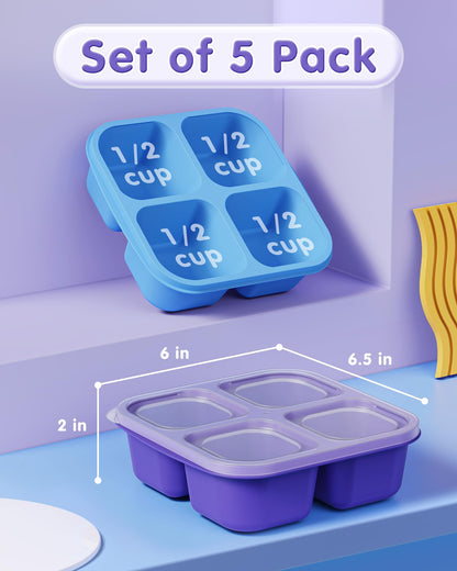 5 Pcs Bento Snack Containers, Reusable 4 Compartment Divided Food Storage Containers, Divided Lunchable Container for School, Work and Travel (Transparent Lids)
