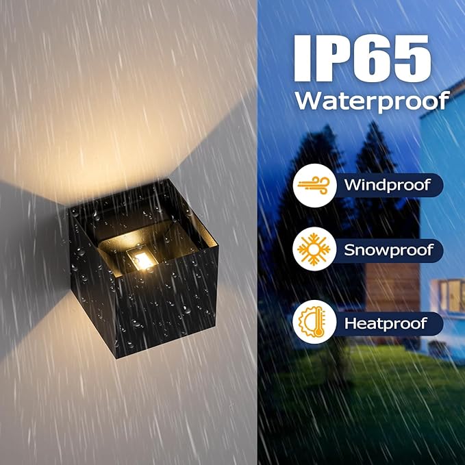 4 Pack LED Outdoor Wall Sconces Exterior/Interior,Modern Black Square Aluminum Wall Light Fixture Set,Variable Beam IP65 Waterproof Lights.15W 3-Color-Changeable Up and Down Outdoor Lighting Fixtures.
