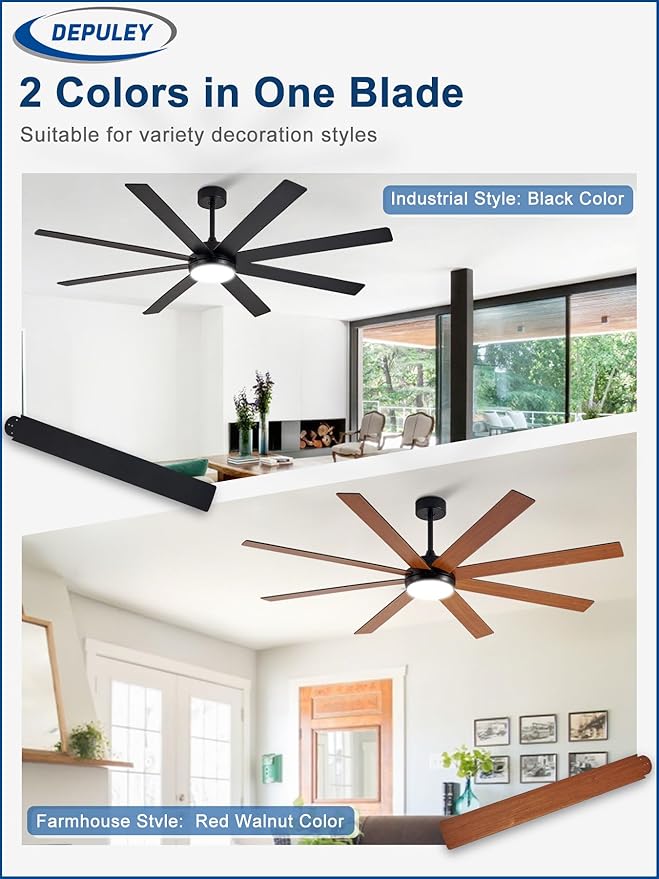 Depuley 66" Ceiling Fans with Lights: Black Indoor/Outdoor Ceiling Fan for Patios Living Room - 8 Blades Dimmable Large Ceiling Fans with Remote APP Control Timer Reversible Quiet DC Motor 6 Speeds
