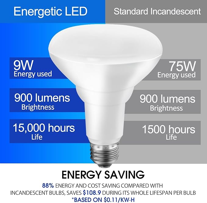 Energetic BR30 LED Recessed Light Bulb, 9W=75W, 6000K Cool Daylight, 900LM, Dimmable Ceiling Flood Light Bulb for Cans, CRI80+, 12-Pack