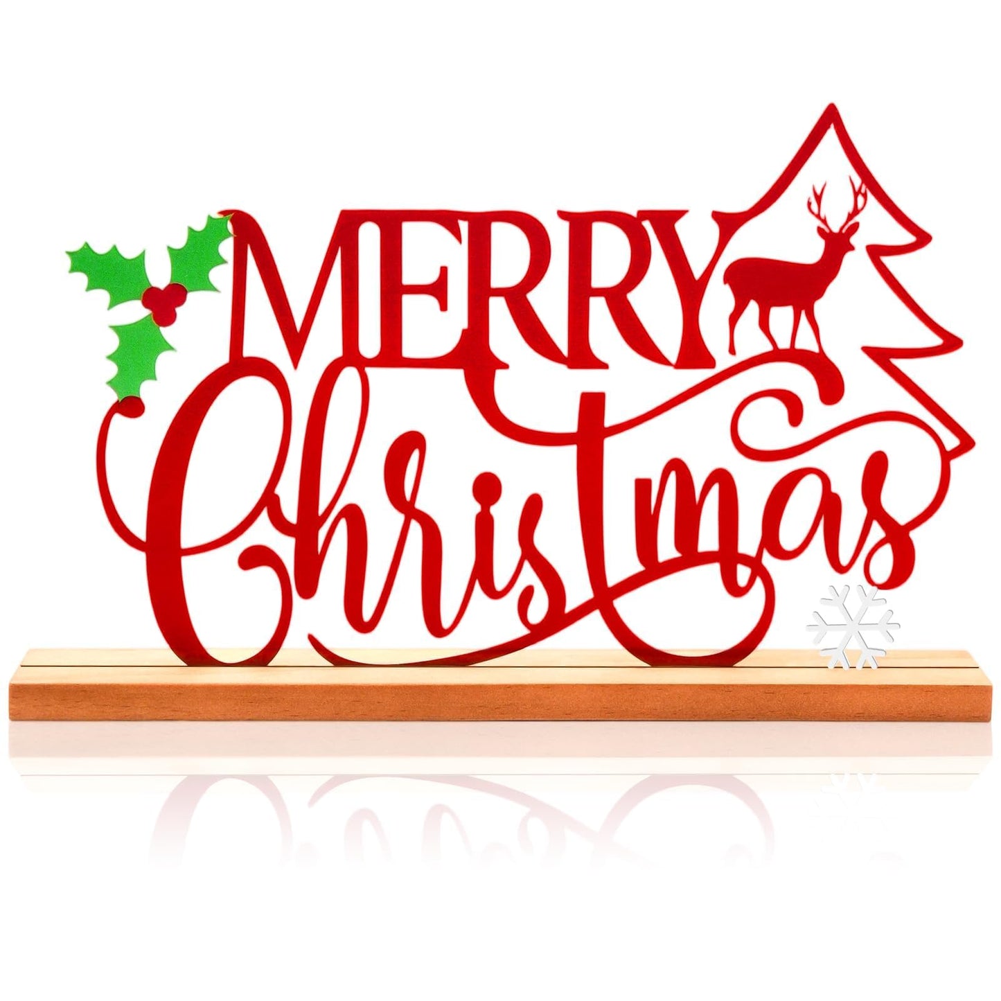Metal Merry Christmas Table Sign Xmas Tabletop Centerpiece with Wooden Base Freestanding Rustic Tiered Tray Decor for Home Mantel Shelf Fireplace Decoration (Red)