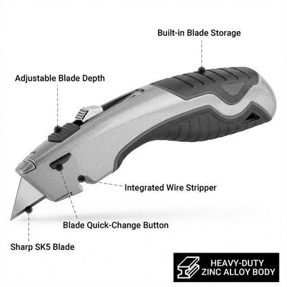 Box Cutter Retractable with Built-In Blade Storage & Wire Stripper, Heavy-Duty Utility Knife safety, Metal Alloy Body, Ergonomic Non-Slip Rubber Grip, Quick Change Blade Razor Knife (Matte Gray)