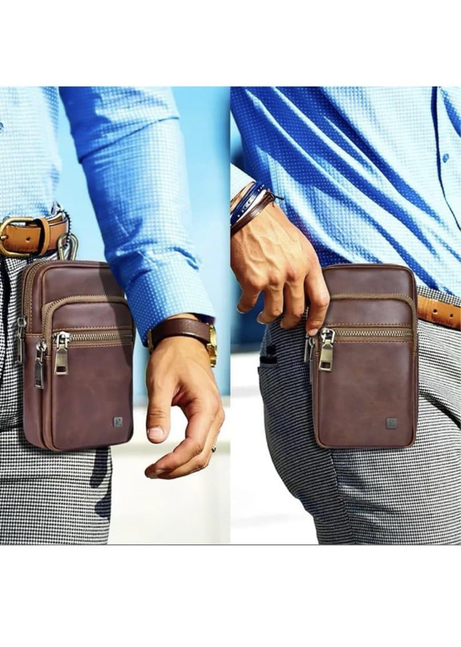 Leather Phone Holster with Belt Loop and Carabiner, Waist Phone Pouch for Smartphones up to 7.2 Inches, Compact Mobile Phone Bag with Zipper Pockets, Tan Brown