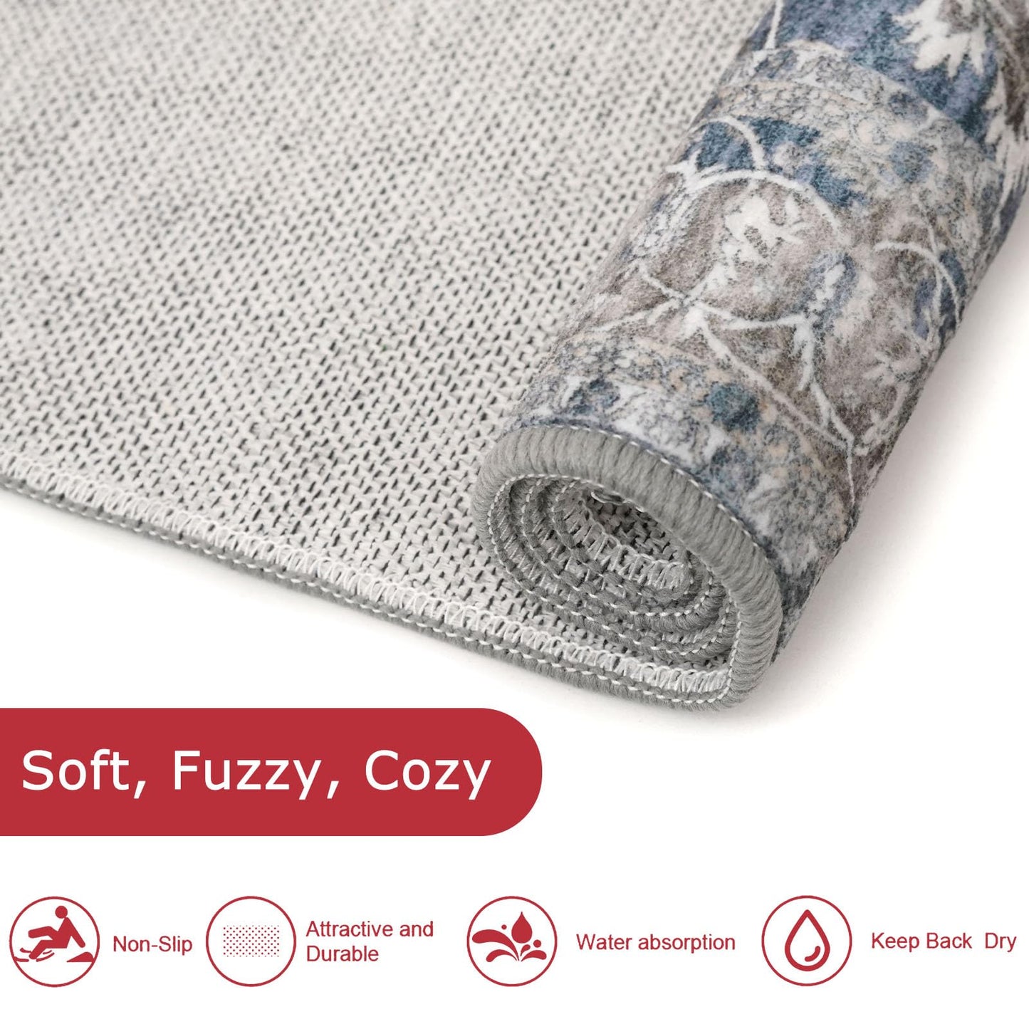 KOZYFLY Runners for Hallways 2x6 Blue Washable Runner Rug Non-Slip Soft Kitchen Runner Rugs, Printed Floral Traditional Carpet Runner for Entryway Bathroom Laundry Bedroom Foyer