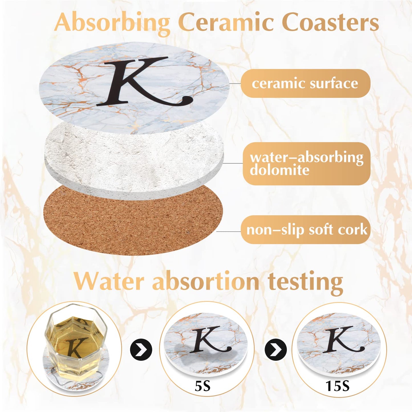 Monogrammed Coasters for Drinks Absorbents with Holder, Set of 6 Ceramic Marble Style Drink Coaster with Cork Base,Personalized Coasters Customizable with Name, Housewarming Gifts