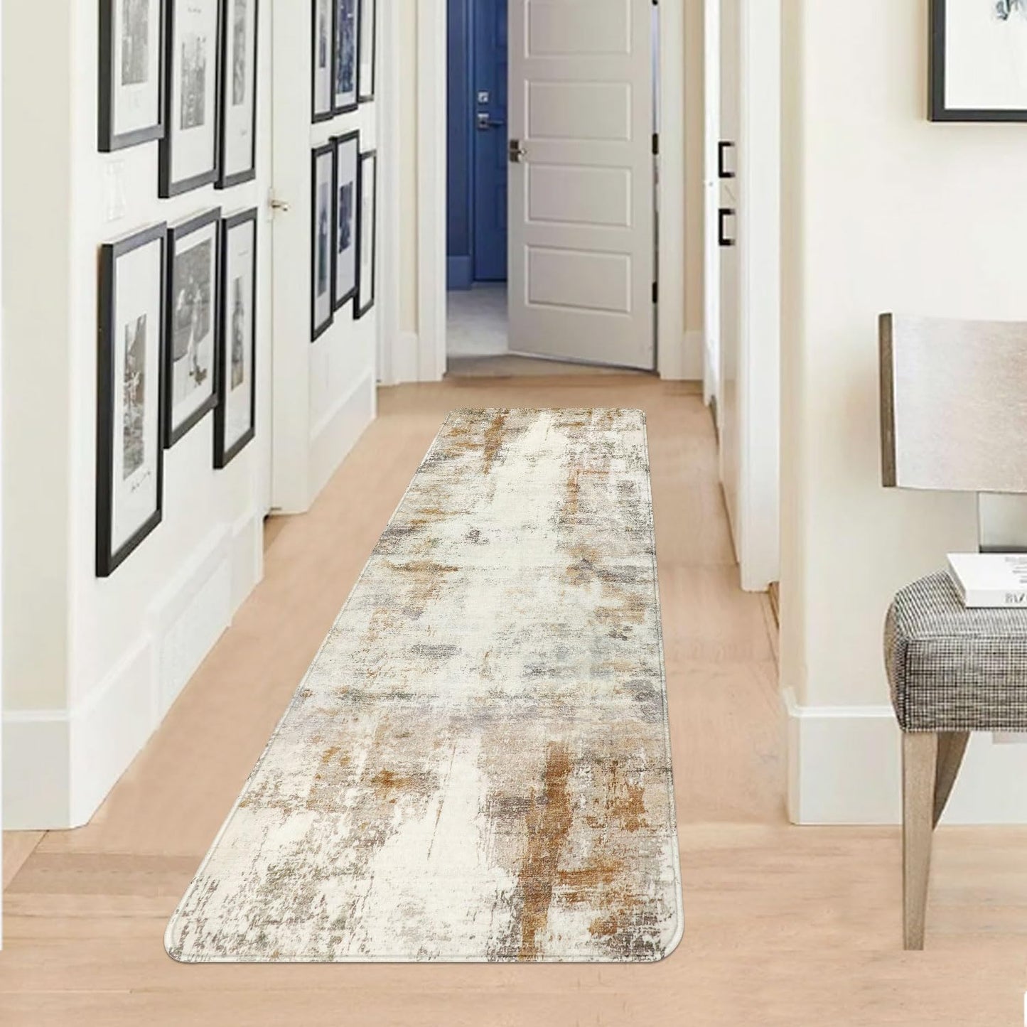 2x6 Runner Rug, famibay Modern Abstract Washable Rug Runners for Hallways Non Slip Faux Wool Carpet Runners for Kitchen Bathroom Bedroom(Beige/Camel)