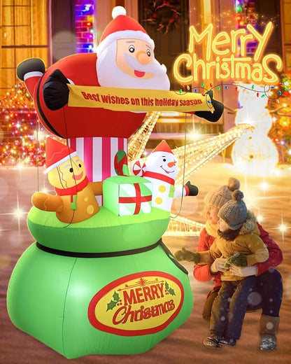 9FT Christmas Inflatables Outdoor Decorations,Blow Up Yard Decorations Santa Claus Snowman Gingerbread Man and Gift Bag,Built-in LED Lights for Garden Lawn Xmas Decor