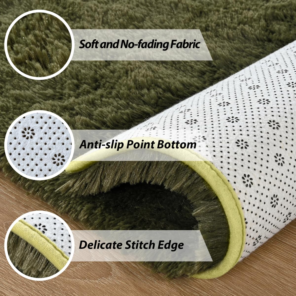 Andecor Shag Area Rug for Living Room, 5 x 8 Feet Olive Green Soft Fluffy Indoor Plush Throw Rugs for Bedroom Girls Kids Room Nursery Dorm Home Decor Carpet