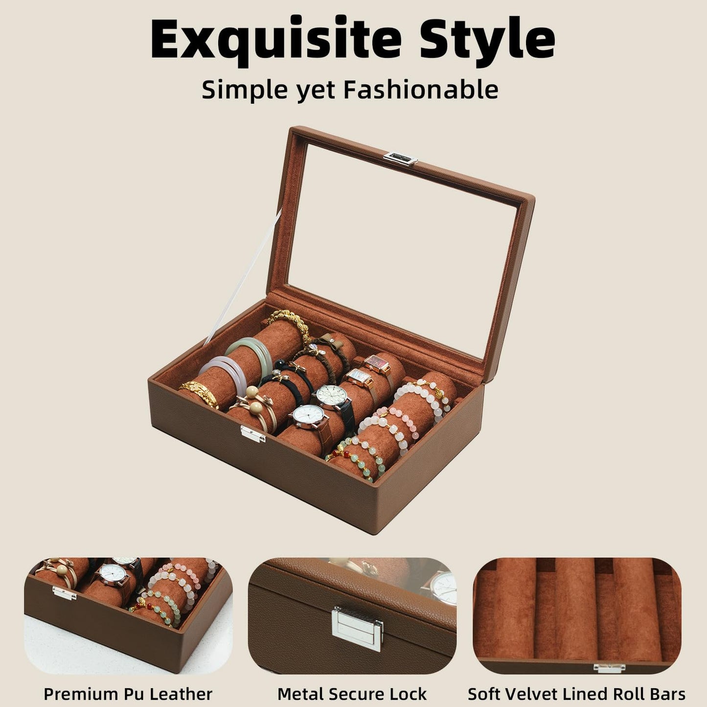 XHMQYC Bracelets Organizer Rods Bangles Display Holder, Clear See through Lid Leather Velvet Jewelry Storage Box Case for Women, 4 Rods Brown Leather