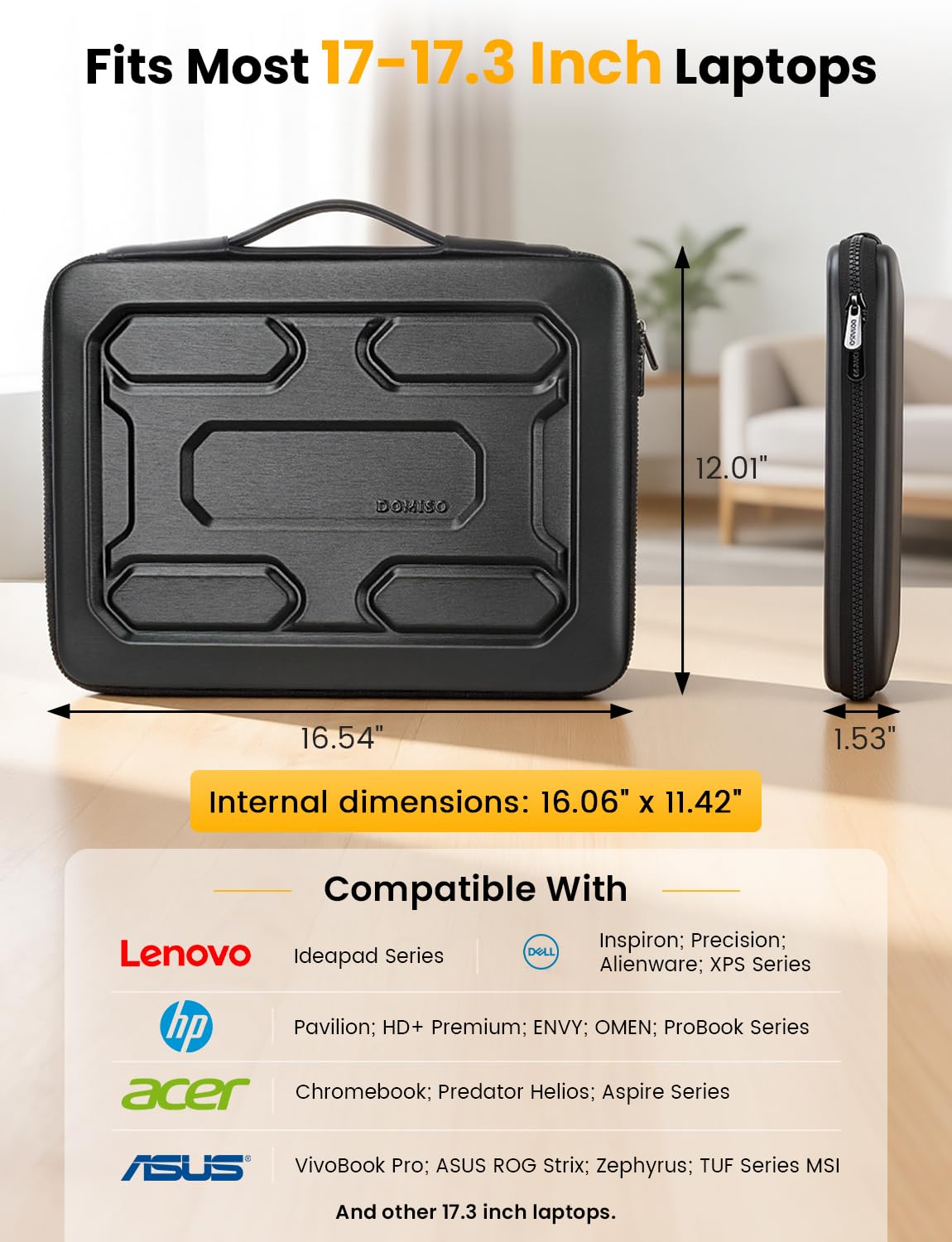 DOMISO Laptop Hard Case 17-17.3 inch Waterproof Shockproof Hard Shell Laptop Sleeve with Handle & Storage Pocket, Compatible with MacBook, HP, Dell, Black