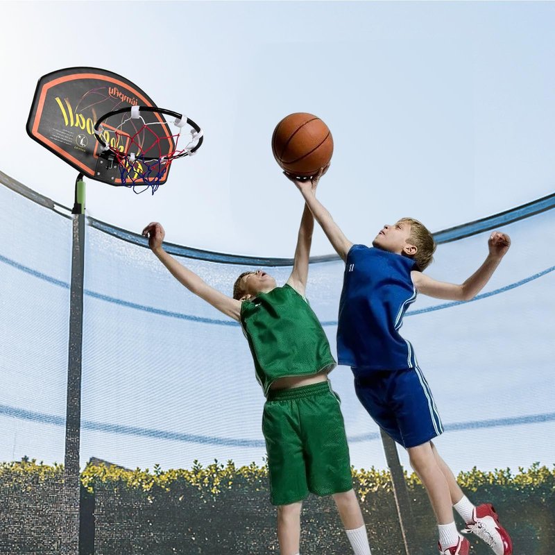 Jumpfly Trampoline Basketball Hoop Attachment, Basketball Hoop for Trampoline Easy to Install, Universal Trampoline Accessories Fits Straight Pole & Curved Pole with Mini Balls & Pump