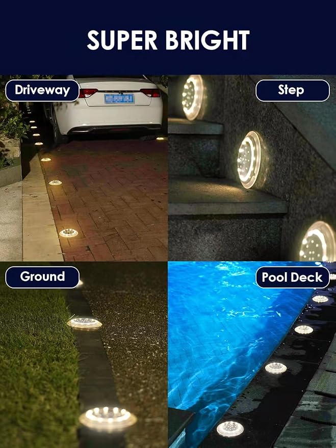 Solar Dock Lights, Super Bright Disc LED Outdoor Waterproof, Anti-Slip & Anti-Trip Flat Low Profile for Marine, Deck, Ground, Pool, Pier, Pathway, Step (Warm White, 6Pack)