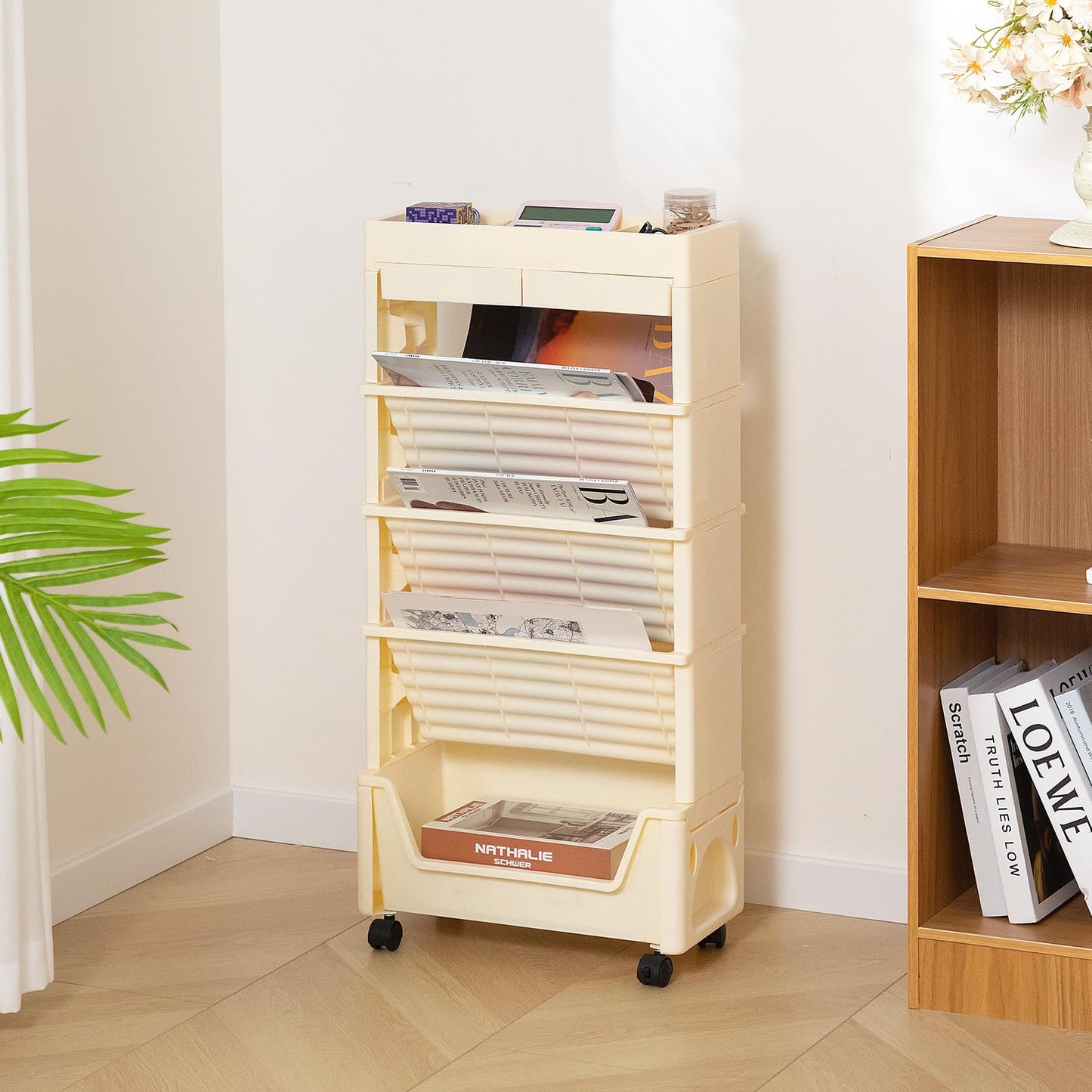 AGTEK 5 Tier Rolling Utility Cart, Book Cart with Wheels, Office Book Carts with Divided Top Shelf for Organizing Books and Supplies in Home, Office, Classroom, Beige