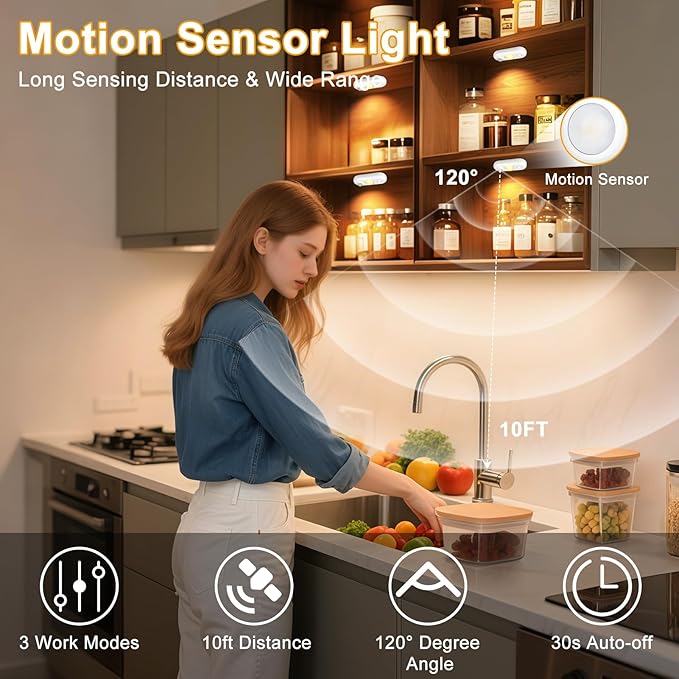 LED Motion Sensor Puck Lights, Magnetic Rechargeable Under Cabinet Lighting, Wireless Battery Operated Closet Light, Dimmable Under Counter Lights for Kitchen Stairs Hallway, Warm White, 4Pack, White