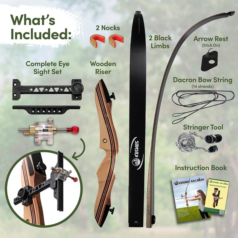 KESHES Takedown Recurve Bow and Arrow Set for Adults & Teens 62" - 15-60lb Draw Weight, Right & Left Handed Bows - Archery Set with Bowstring, Arrow Rest, Stringer Tool, and Bow Sight - 15 Left Hand