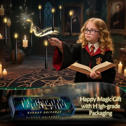 Flameless Floating Candles with Wand，12 Pcs Magic LED Hanging Taper Candles，Flickering Battery Operated Taper Candle with Wand Remote for Halloween Decorations Best Gift（Black）