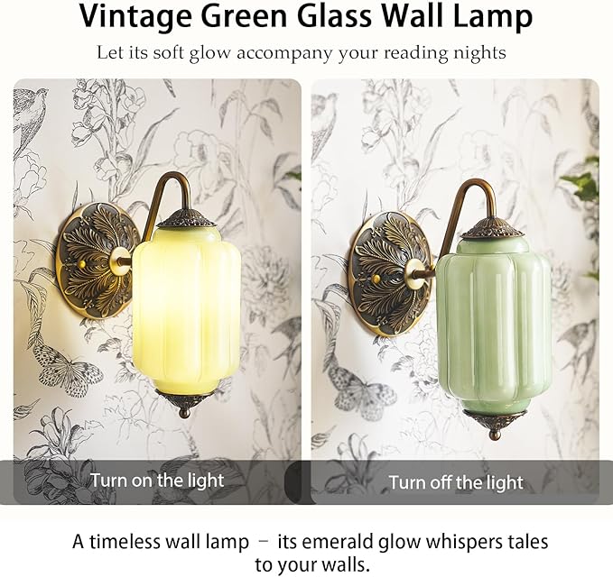 Antique Gold Milk Glass Wall Sconce - Vintage Green Shade & Brass Finish Base - Indoor Wall Lighting Fixture for Living Room, Bedroom, Bathroom, Hallway, Entryway (Green)