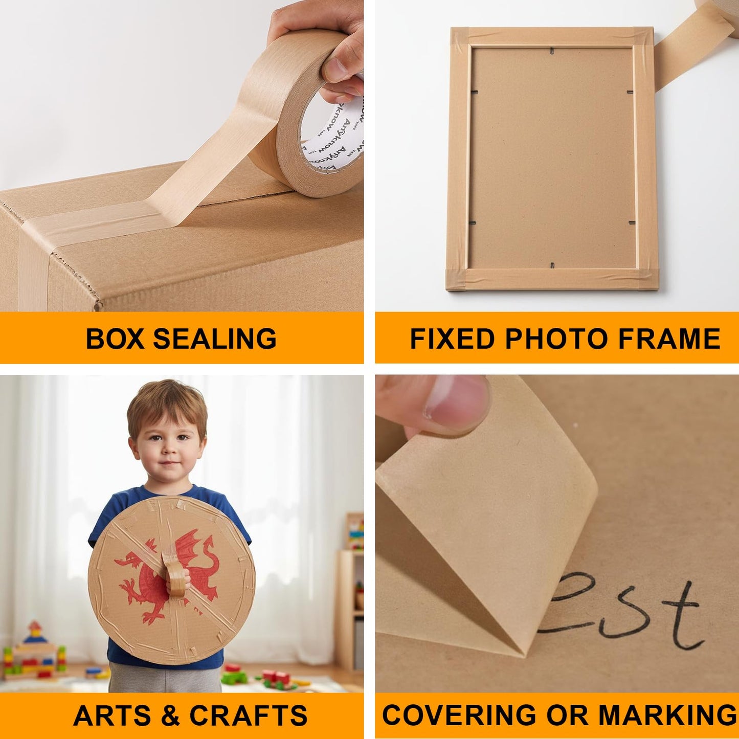 Anyknow Eco Friendly Moving Tape (3 Pack), 2 Inch x 55 Yards, Strong Self-Adhesive Kraft Paper Tape for Boxes, Writable & Hand Tearable, Natural Rubber Brown Shipping Tape, Plastic-Free