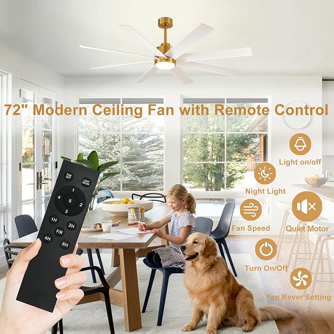 Depuley 72" Industrial Ceiling Fans with Light, Modern Ceiling Fan with 8 Blades, 5-Speed Reversible DC Motor, 3 Dimmable Color Light Fan with Remote for Indoor Living Room Covered Outdoor