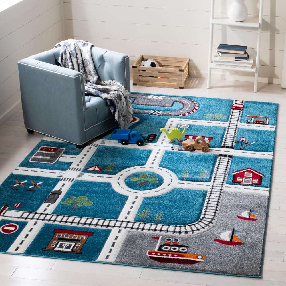SAFAVIEH Carousel Kids Collection Area Rug - 5'3" x 7'6", Turquoise & Ivory, Non-Shedding & Easy Care, Ideal for High Traffic Areas for Boys & Girls in Playroom, Nursery, Bedroom (CRK192K)