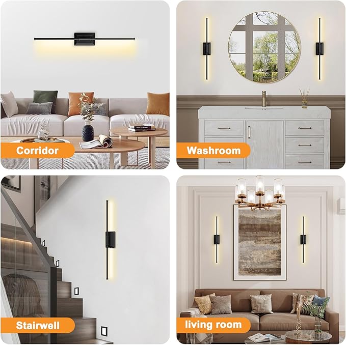 Battery Operated Wall Light Set of 2 - Black Picture Wireless Led Plug In Walls Sconce Fixture Indoor - Art Decor Bathroom Sconces Rechargeable - Modern Bedroom Cordless Lights Fixtures with Remote