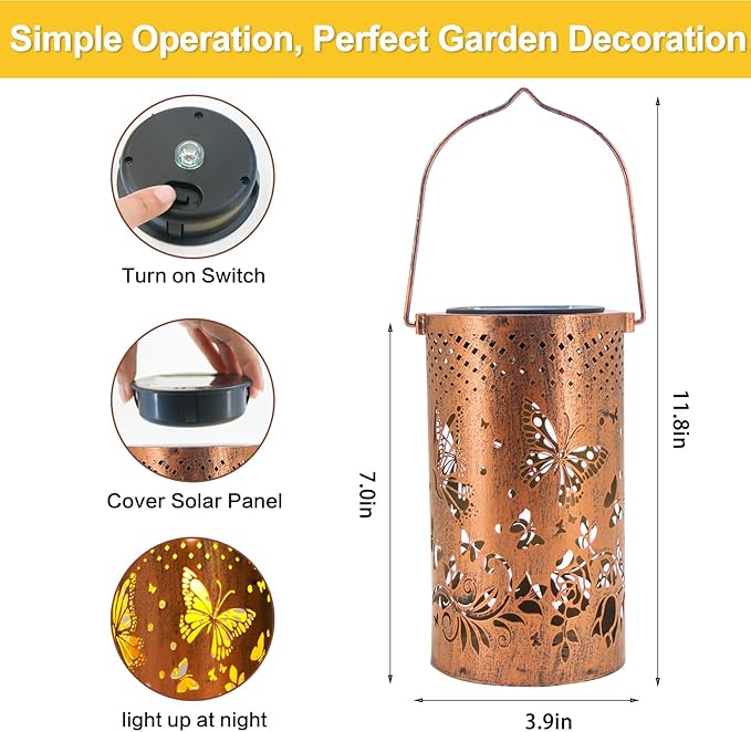 2 Pack Butterfly Birthday Gifts for Women Mom Grandma Solar Lanterns Outdoor Waterproof Garden Decor Metal Hanging LED Decorative Light for Patio Yard Lawn Backyard Front Porch Gardening Gifts