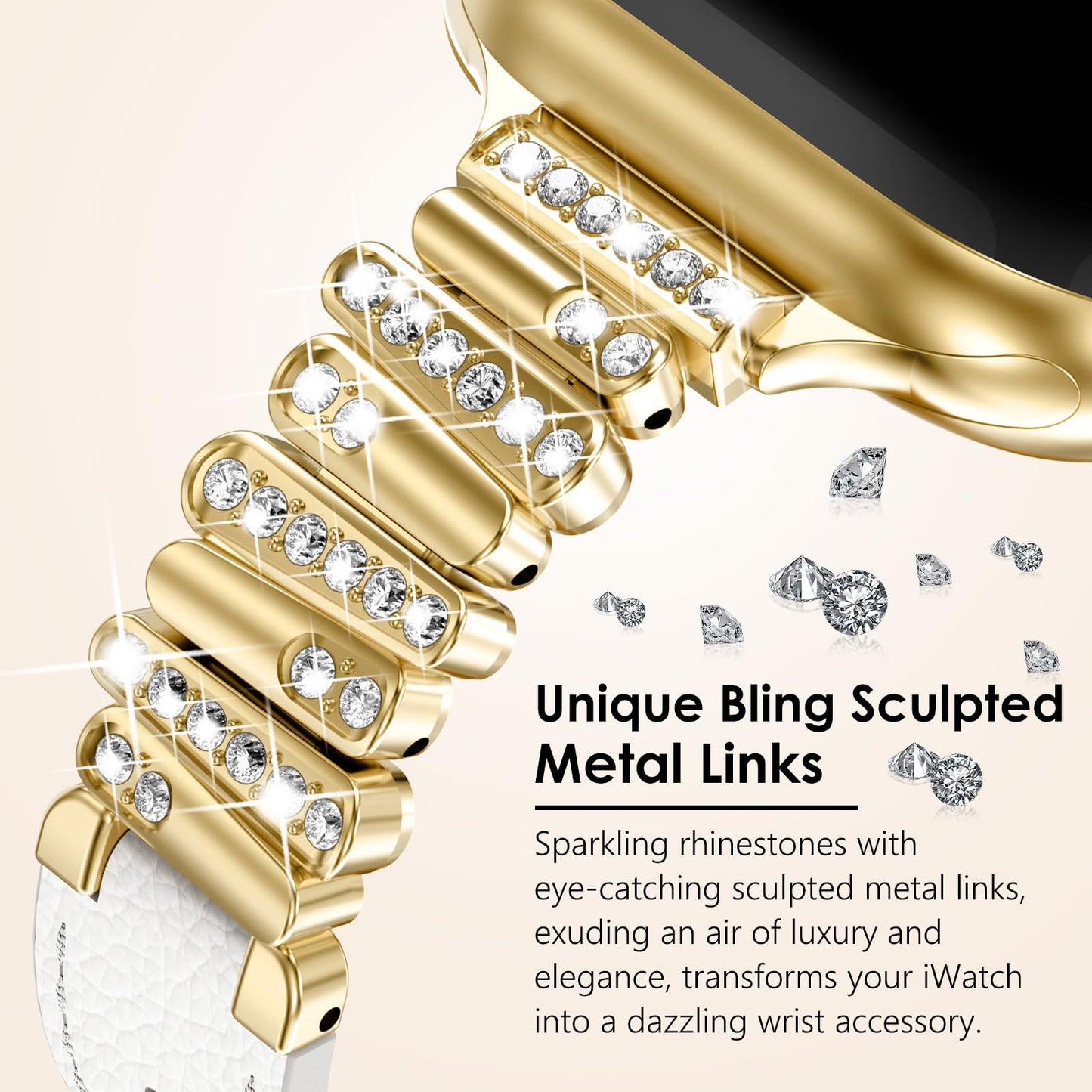 WINGLE Leather Band Compatible for Gold Apple Watch Band Women 46mm 45mm 44mm 42mm Series 11 10 9 8 7 6 5 4 SE 3 2 1 Luxury Dressy Slim Elegant Leather Metal Chain Strap Bling Link Bracelet,Gold/White