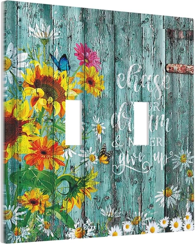 Turquoise Rustic Vintage Wood Planks Sunflower Butterfly Double Toggle Light Switch Cover Decorative 2 Gang Wall Plate Electrical Switchplate Faceplate for Farmhouse Bathroom Decor