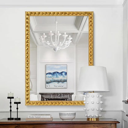 Gold Decorative Mirror for Living Room, 39'' X 27'' Rectangular Wall Mirror with Wavy Wood Frame, Unique Gold Wood Mirror for Bathroom, Dining Room, Entryway, Hallway