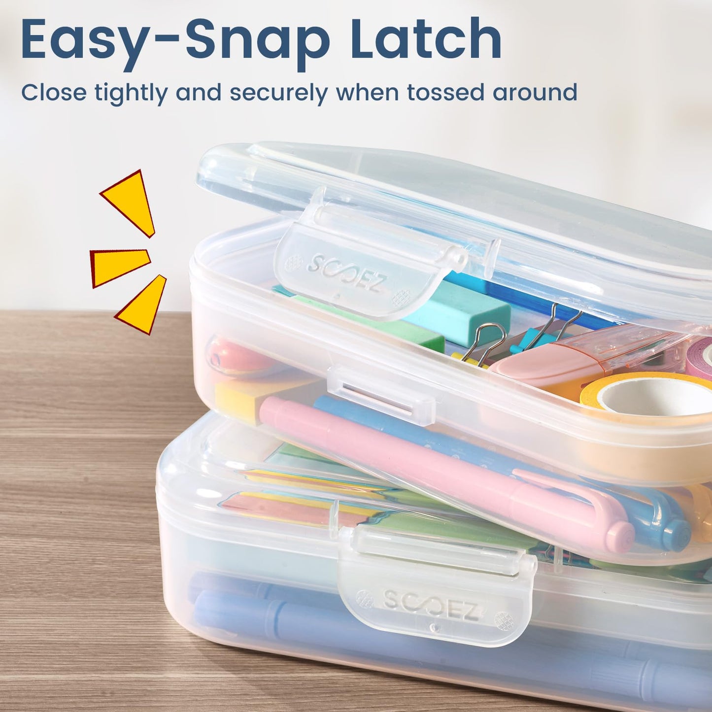Sooez 6 Pack Pencil Box, Plastic Pencil Case Holder with Latch, Clear Crayon Box Marker Organizer, Large Craft Storage Boxes, Stackable Storage Containers for Art School Supplies