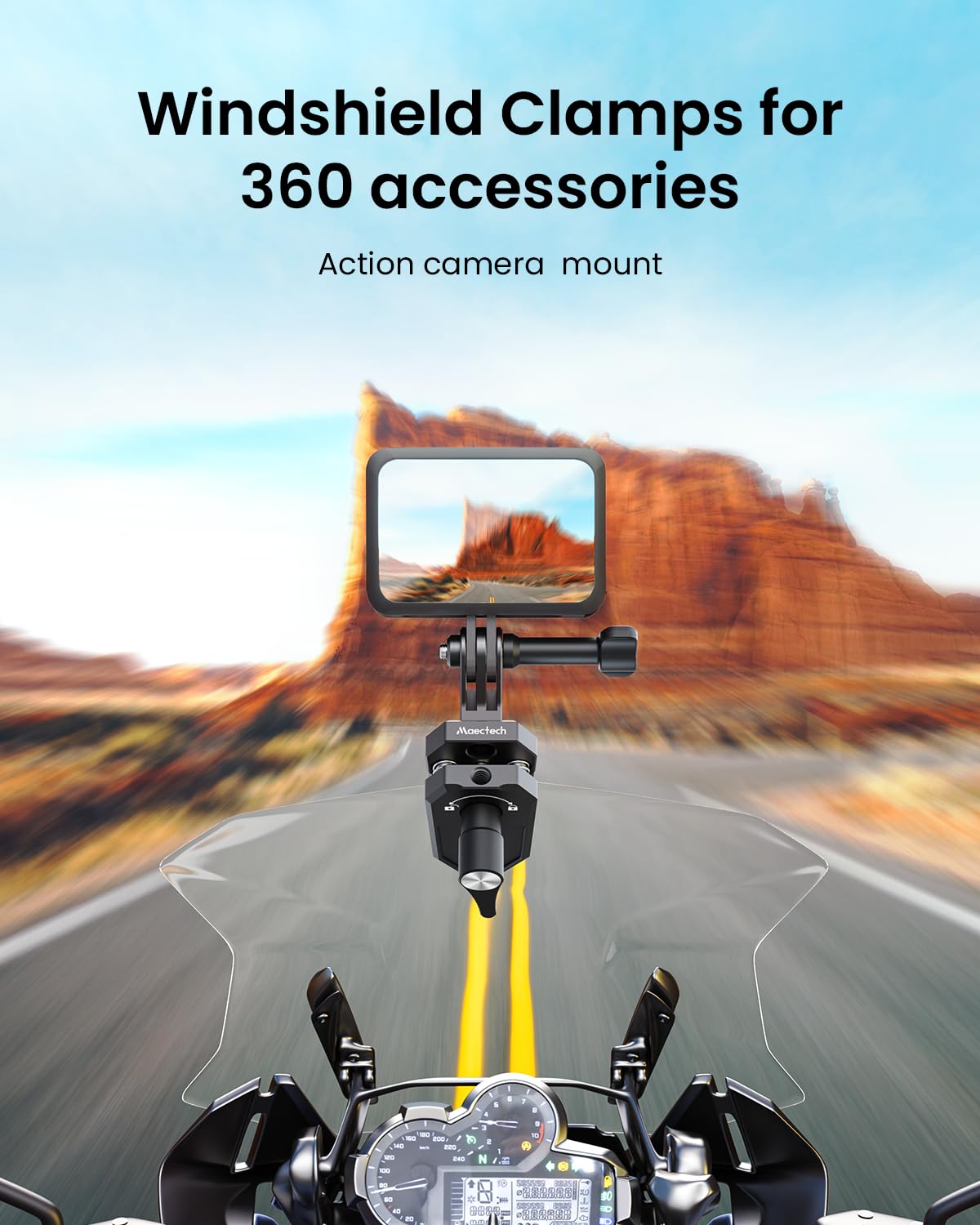 Maectech Motorcycle Windshield Clip Camera Mount for Insta360 X5/X4/X3 for GoPro for DJI Osmo Action Motorcycle Mount Clamps for Insta360 X5 Accessories