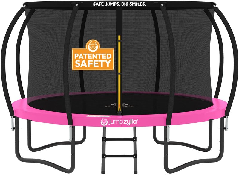 JUMPZYLLA Trampoline Outdoor 8FT 10FT 12FT 14FT 15FT 16FT with Enclosure and Ladder, ASTM Approved Recreational Trampoline for Kids and Adults, Anti-Rust Coated Frame (Pink, 8FT)