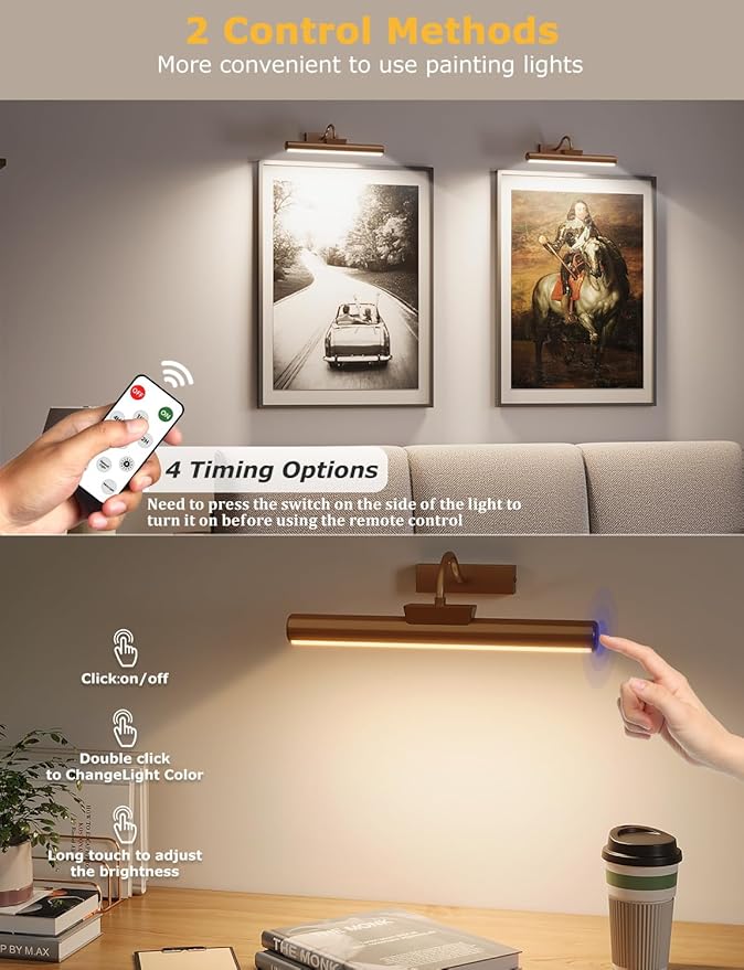 Picture Light Battery Operated, 13in Wireless Art Light for Paintings, Dimmable 5000mAh Recharging Battery Picture Light with Remote Control for Wall, Gallery Dartboard (Orange Copper -1Pack)