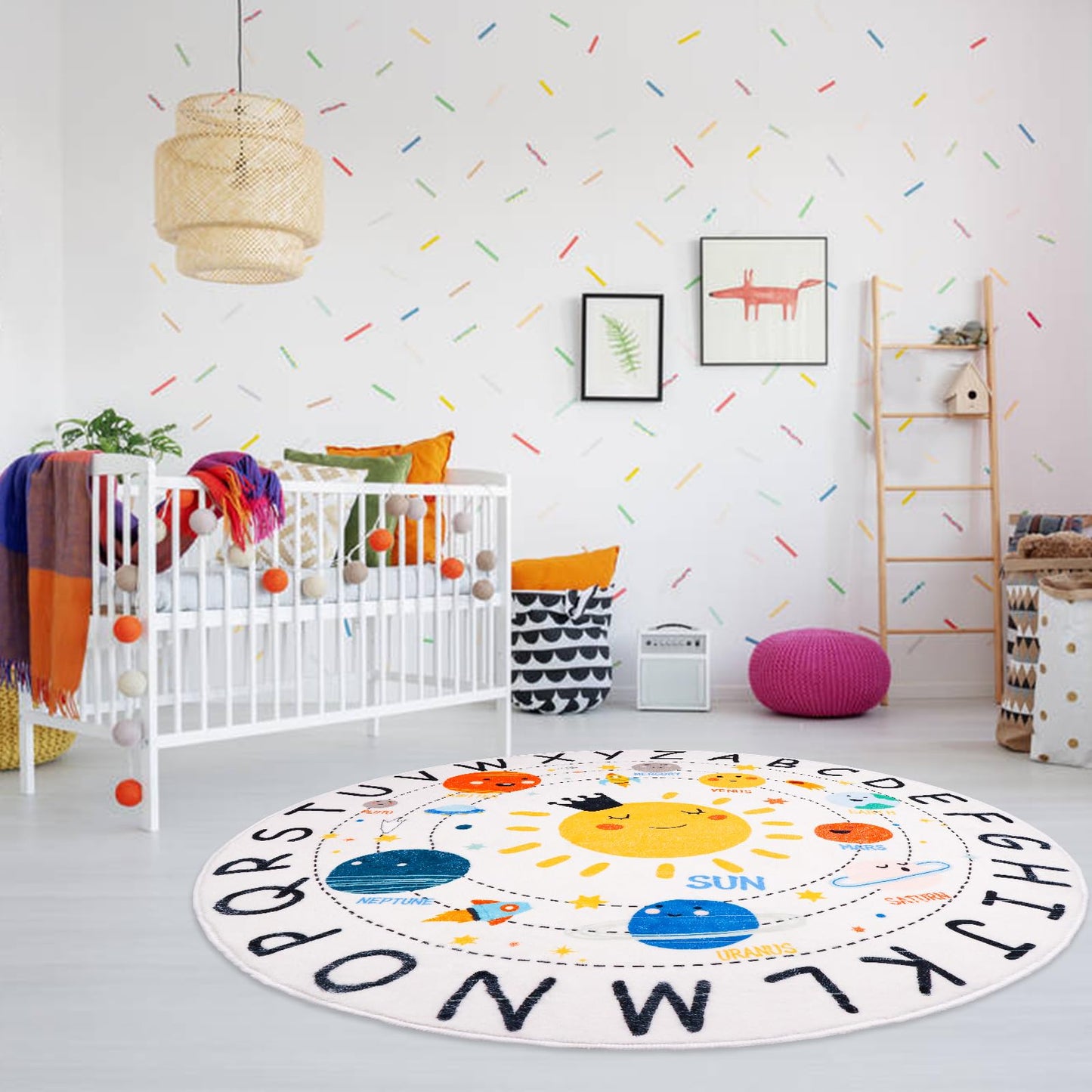 LTKOUGFAM Round ABC Space Kids Rugs,4 ft Non-Slip Solar System Alphabet Rugs, Washable Rug, Soft Plush Educational Circle Rug for Classroom playroom Bedroom Kids Room Decor(for Age 2+)