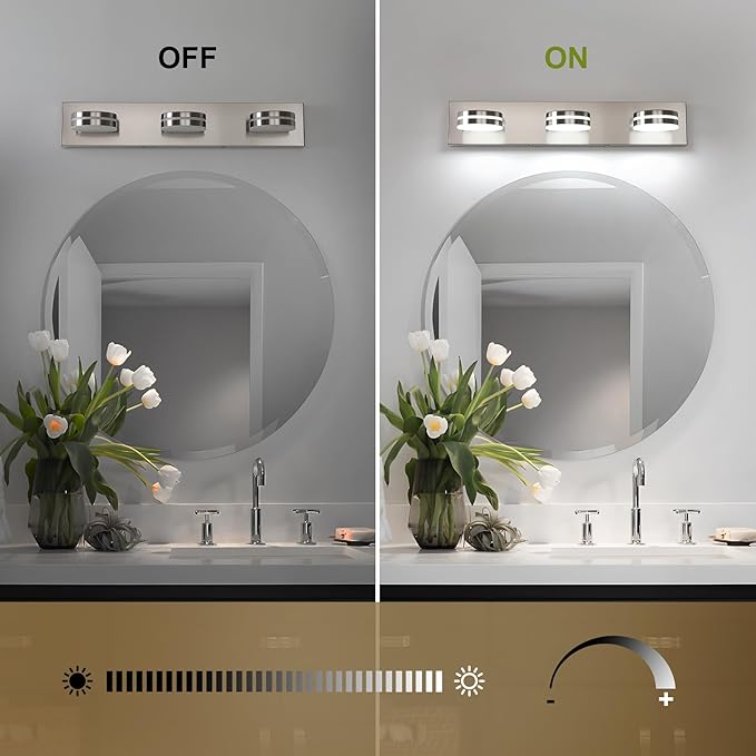 3-Light Bathroom Vanity Light, Brushed Nickel Bathroom Light Fixtures Over Mirror, LED Vanity Lights with 360°Rotating Lamp Head(24in)