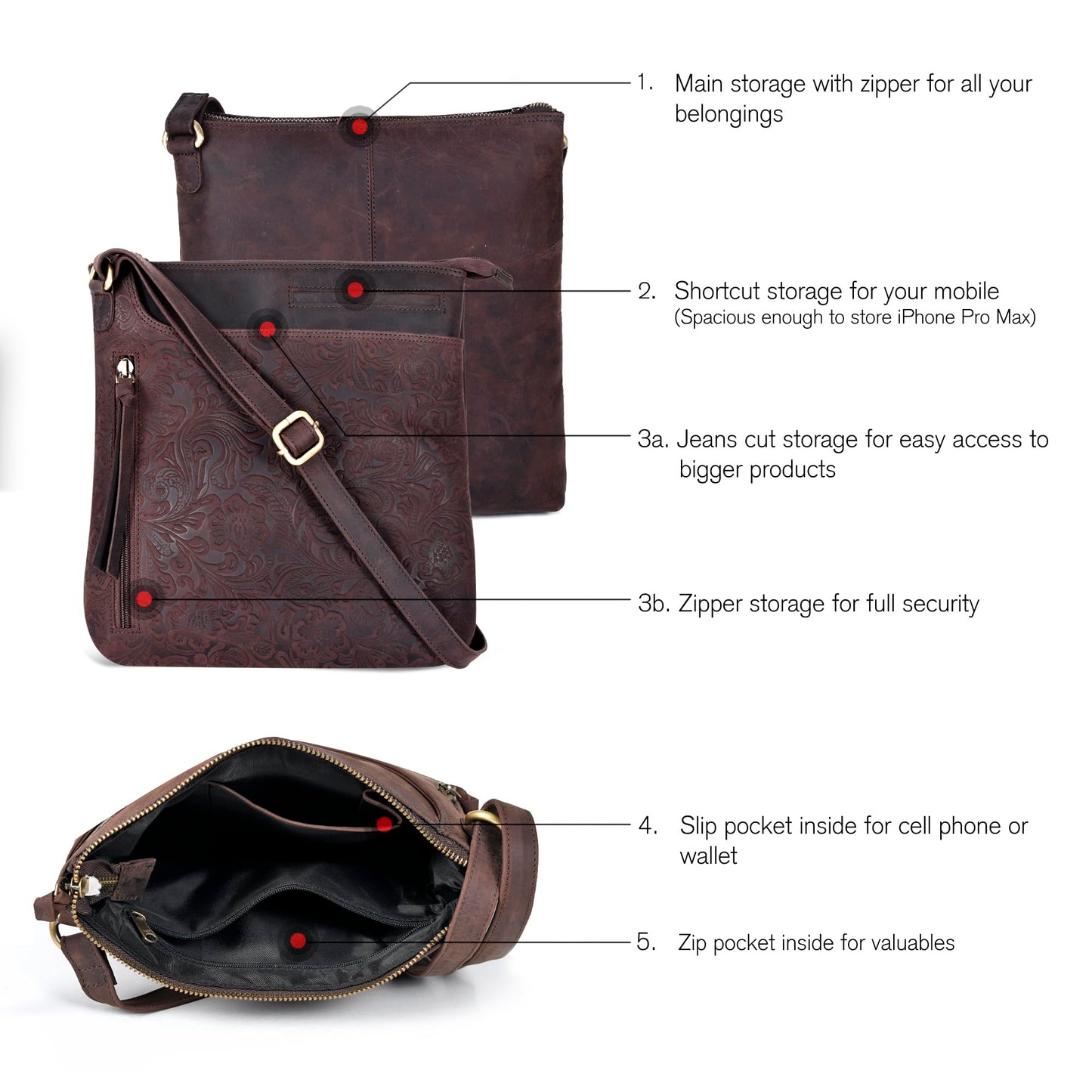 Leather Crossbody Bags for Women - Ladies Sling Handbags - Medium Cross body Purses Handbags - Purses For Women (Dark Brown)