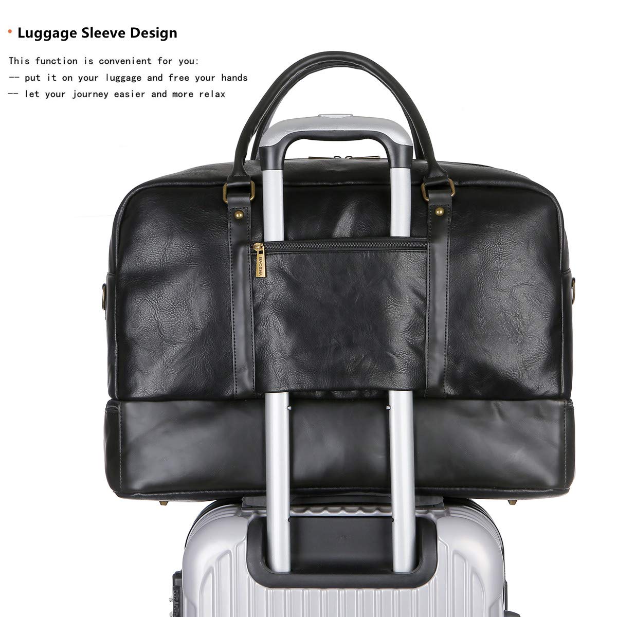 BAOSHA Vegan Leather Large Travel Duffel Tote Bag Carry On Weekender Overnight Bag With Shoe Compartment HB-38 (Black)