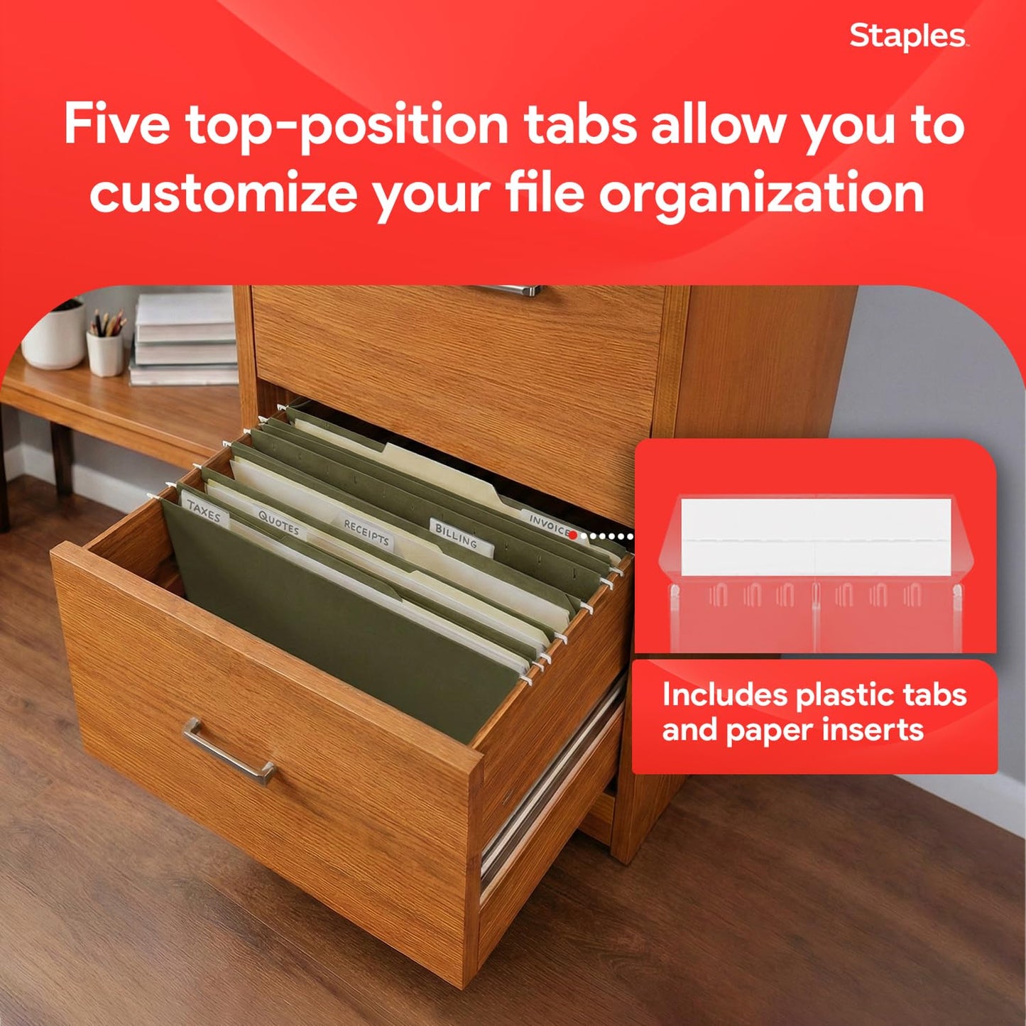 Staples Hanging File Folders, Legal Size, 1/5‑Cut Tabs, Standard Green, Includes Tabs & Paper Inserts – 50/Pack