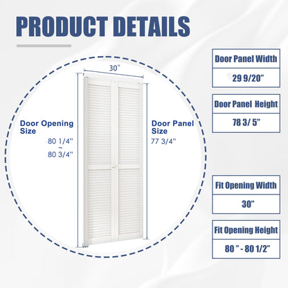 BARNER HOME Louvered Bi-Fold Door, Fits 30" x 80" Standard Openings, White Folding Closet Door with Hardware Kit, Ventilated MDF 2 Panels, Ideal for Laundry, Bedroom, or Pantry