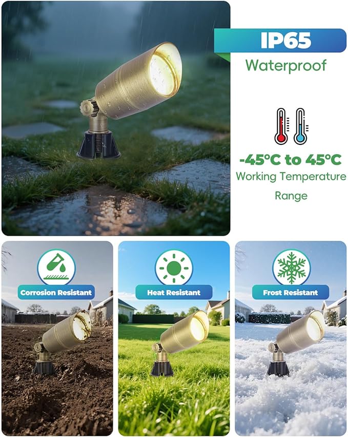 Low Voltage Brass Landscape Lights, Solid Outdoor Spotlights with Replaceable MR16 LED Bulb 5W, 2700K Warm White, 12V 24V Landscape Lighting, Waterproof Design for Garden, Yard, Patio