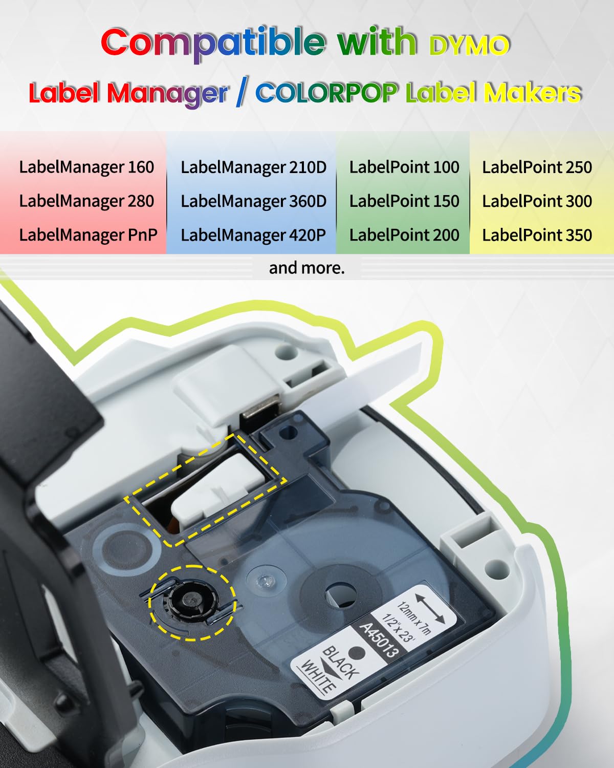 Anycolor 6-Pack Replace for Dymo D1 Label Tape 1/2" dymo Label Maker Refills D1 45013 45010 45016 45017 45018 45019 for LabelManager 160 280 PnP 360D 210D 420P COLORPOP Labeler, 12mm x 7m