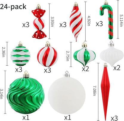 Christmas Ball Ornaments Set Shatterproof Christmas Tree Ornaments 24 PCS Painted Shaped Styles Xmas Tree for Holiday Decor,Red and Green