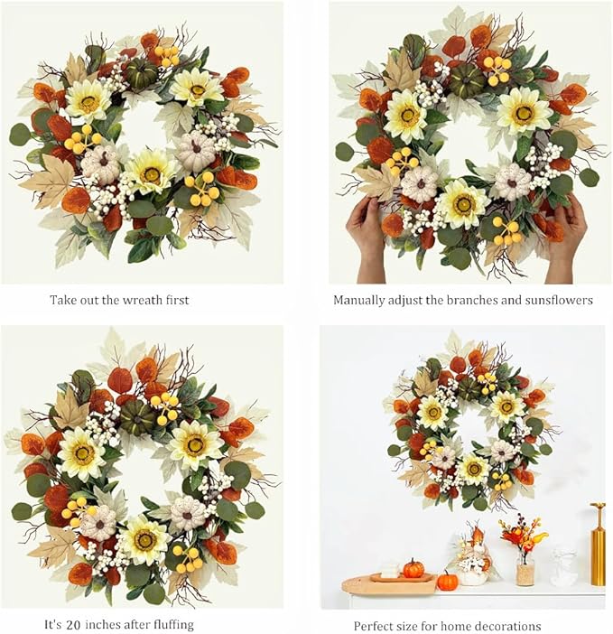 20 Inch Fall Sunflower Wreath for Front Door, Artificial Autumn Wreath with Pumpkins, Berries, White Sunflowers and Silk Leaves for Thanksgiving Farmhouse Home Window Wall Office Indoor Outdoor Decor