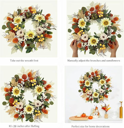 20 Inch Fall Sunflower Wreath for Front Door, Artificial Autumn Wreath with Pumpkins, Berries, White Sunflowers and Silk Leaves for Thanksgiving Farmhouse Home Window Wall Office Indoor Outdoor Decor