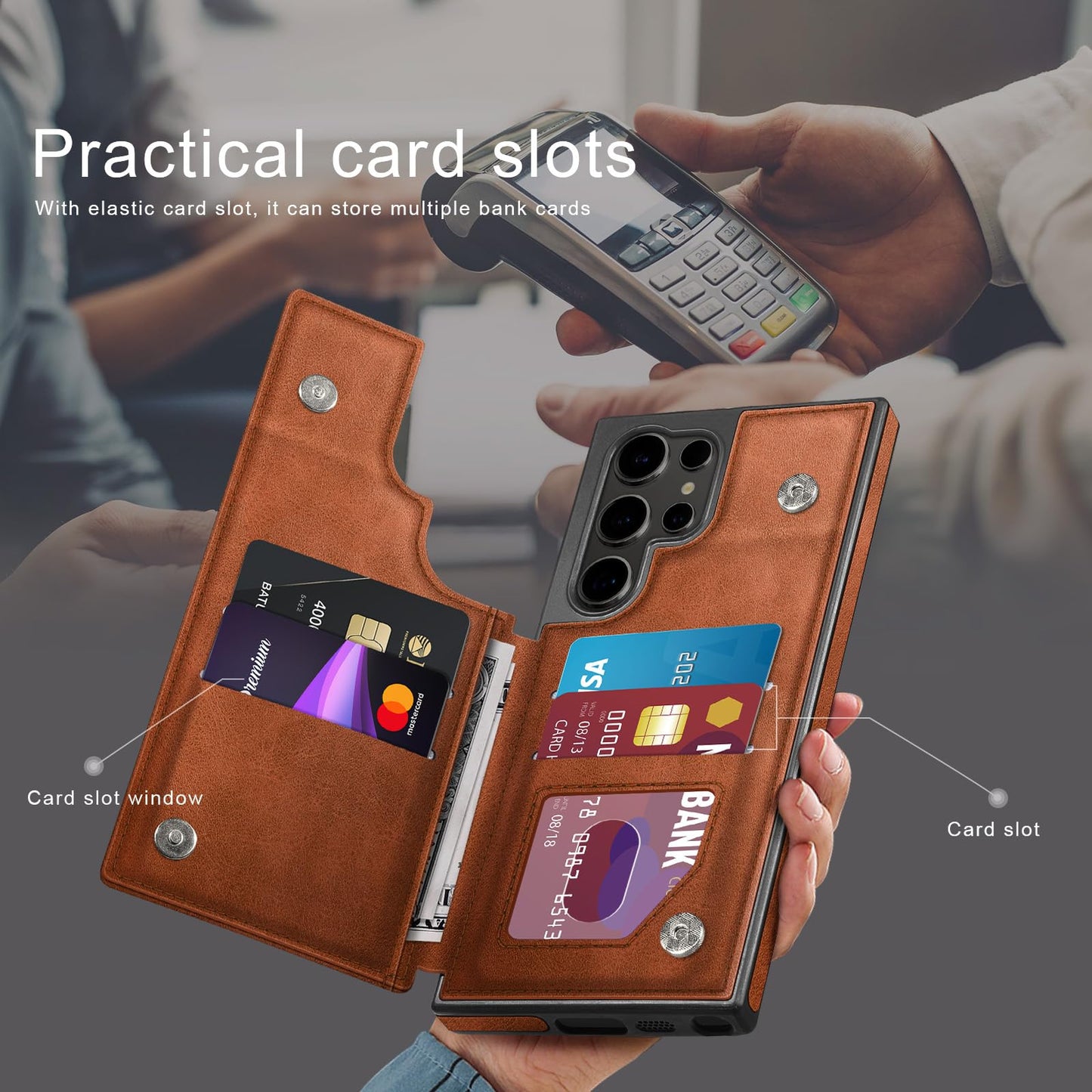 DJDUCK Designed for Samsung Galaxy S24 Ultra Case Wallet with Card Holder, [Magnetic Clasp Cover] [RFID Blocking Leather Protection] Shockproof Women Men Cases for Samsung S24 Ultra Light Brown