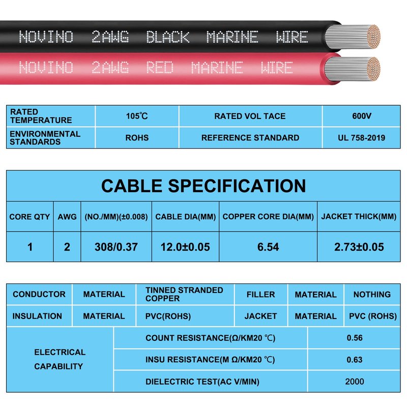 2 Gauge Marine Wire Include 2AWG 5FT Red & 5FT Black,2 Gauge Marine Grade Wire Tinned Copper Boat Cable for Automotive Boat Speakers Lighting Solar Outdoor RV Camper Trailer