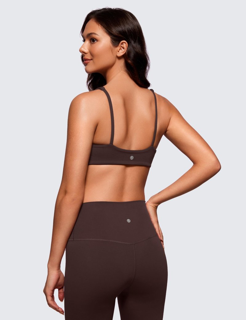 CRZ YOGA Butterluxe Square Neck Spaghetti Strap Sports Bras for Women - Low Coverage Yoga Wireless Padded Cami Crop Top Hot Fudge Brown Small