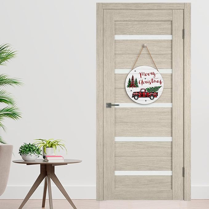 Merry Christmas Door Sign,ChristmasTree Decorations Wooden Holiday Hanging Sign for Front Door, Winter Decorations for Home Garden Christm New Year 12"x12"