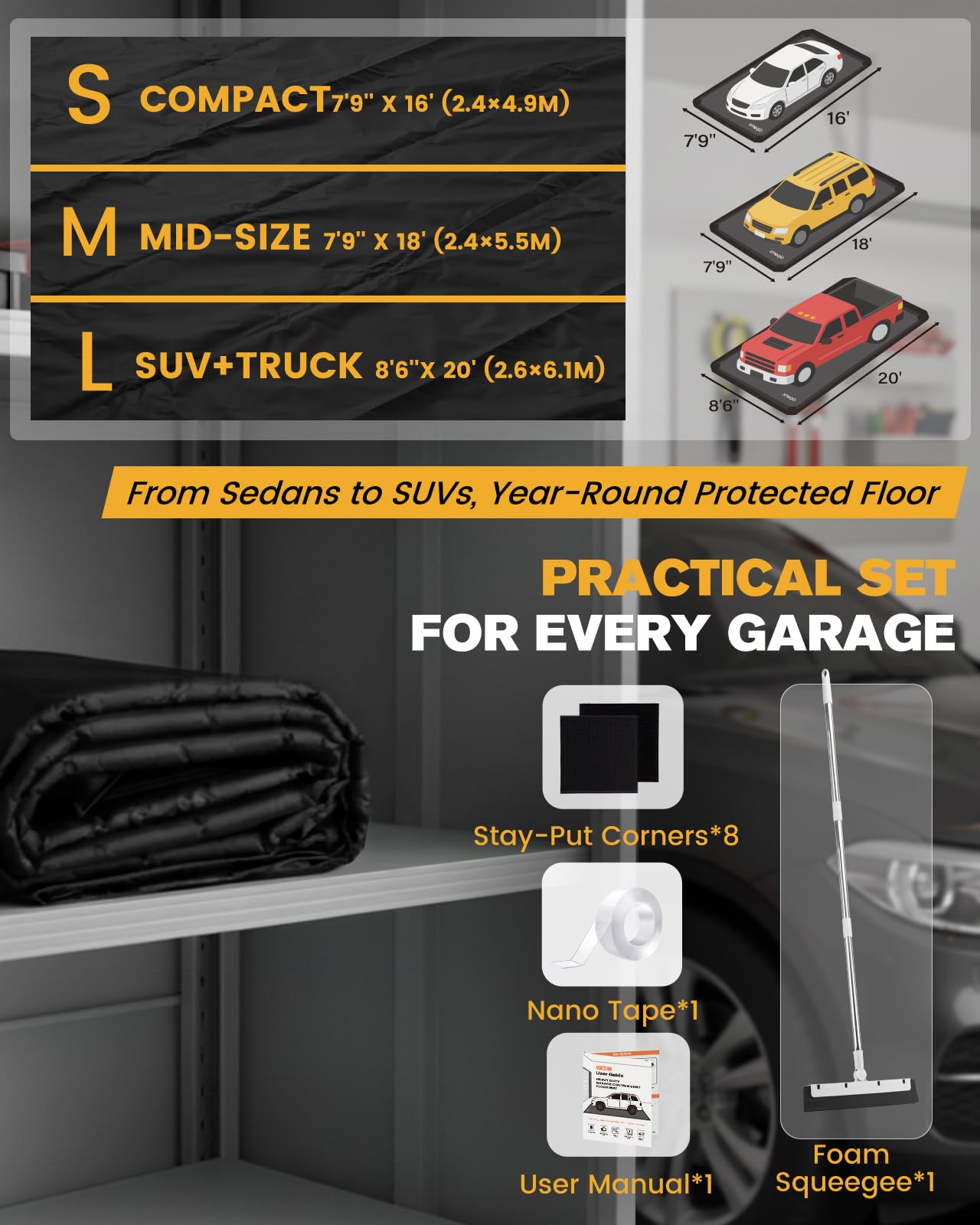 SMOQIO Garage Floor Mat, Containment Mats for Under Car with Raised Edge Waterproof, Non-Slip Heavy-Duty 1000D PVC for Floor Against Snow, Rain & Mud
