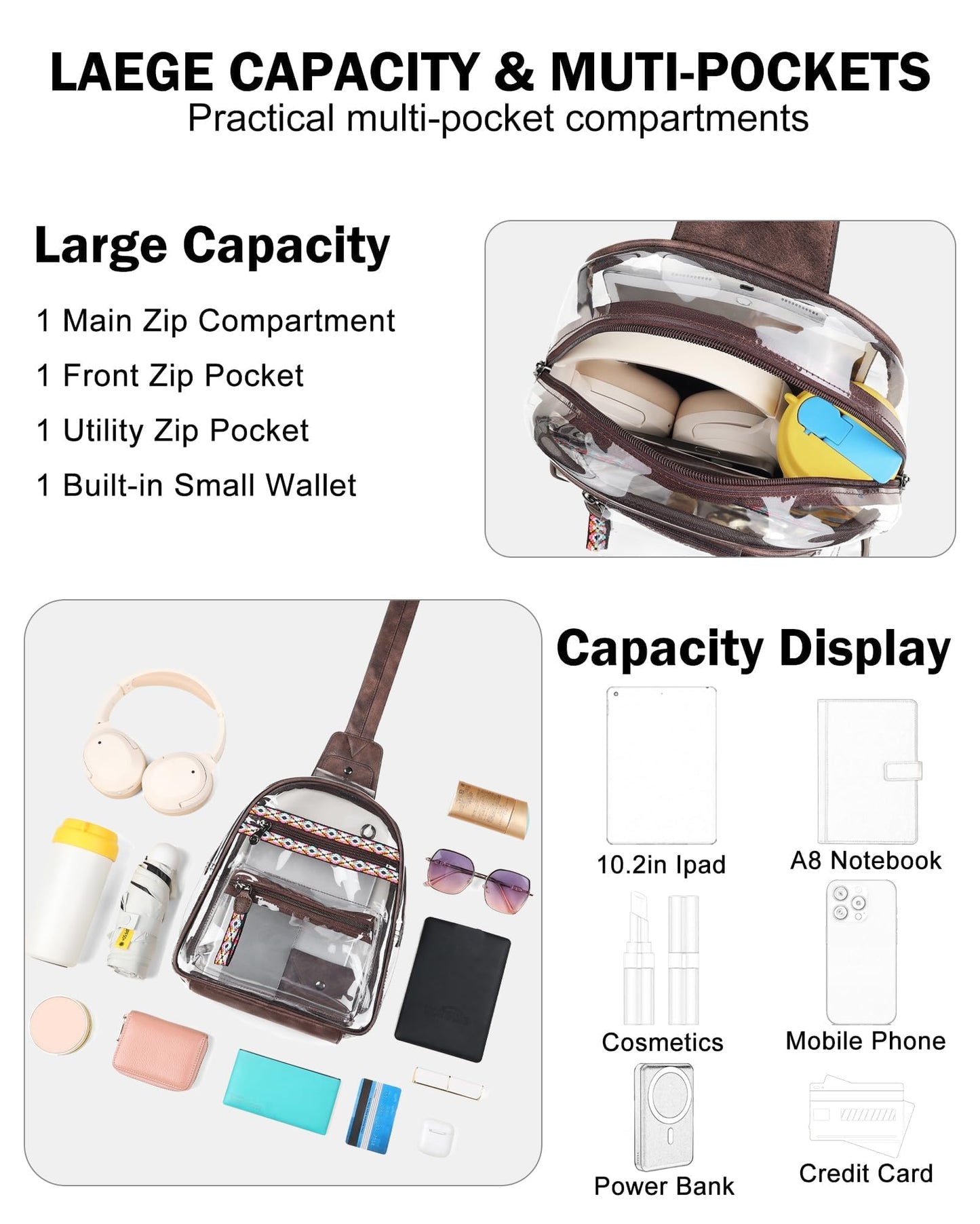 FADEON Large Clear Bag for Stadium Events, Transparent Purse Designer See Through Women's Crossbody Sling Bags Concerts Sports
